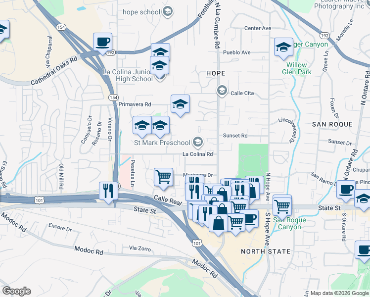 map of restaurants, bars, coffee shops, grocery stores, and more near 3970 La Colina Road in Santa Barbara