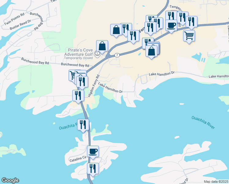 map of restaurants, bars, coffee shops, grocery stores, and more near 160 Lake Hamilton Drive in Hot Springs