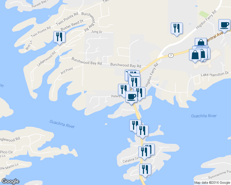 map of restaurants, bars, coffee shops, grocery stores, and more near 150 Peters Point in Hot Springs