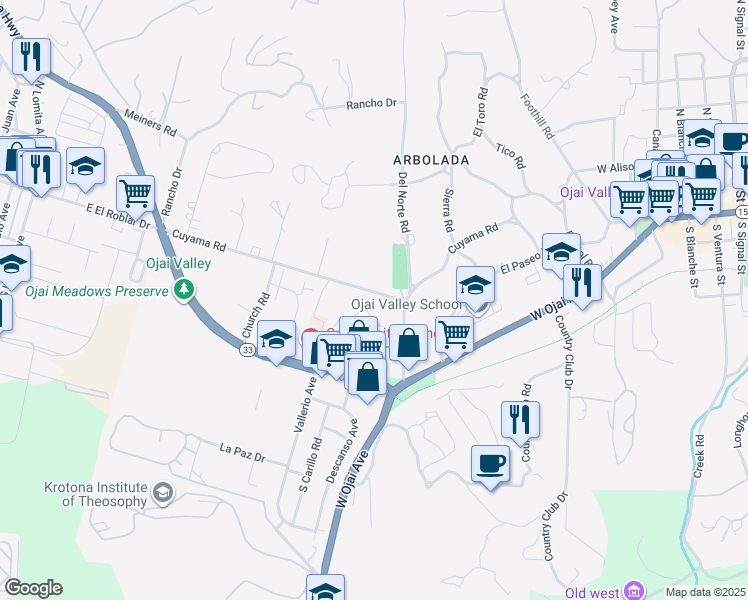 map of restaurants, bars, coffee shops, grocery stores, and more near 1068 Cuyama Road in Ojai