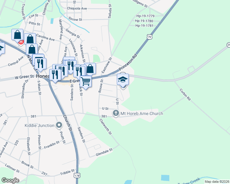 map of restaurants, bars, coffee shops, grocery stores, and more near 107 Wilkerson Boulevard in Honea Path