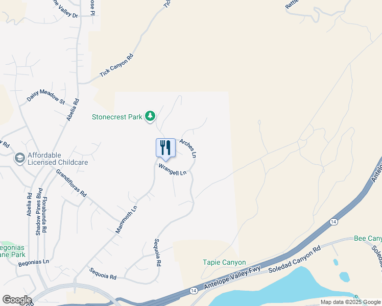 map of restaurants, bars, coffee shops, grocery stores, and more near 14238 Arches Lane in Santa Clarita