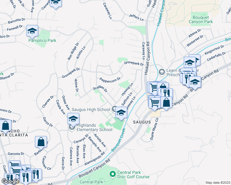map of restaurants, bars, coffee shops, grocery stores, and more near 27526 Lovage Court in Santa Clarita