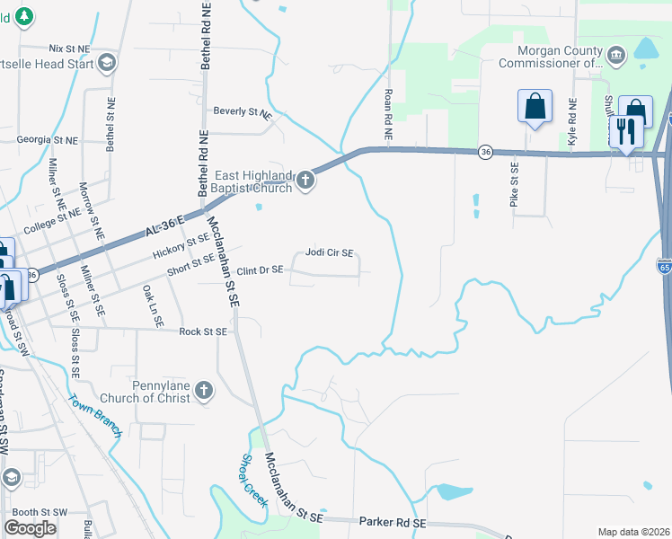 map of restaurants, bars, coffee shops, grocery stores, and more near 1101 Clint Drive Southeast in Hartselle