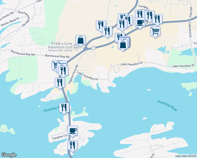 map of restaurants, bars, coffee shops, grocery stores, and more near 189 Lake Hamilton Drive in Hot Springs