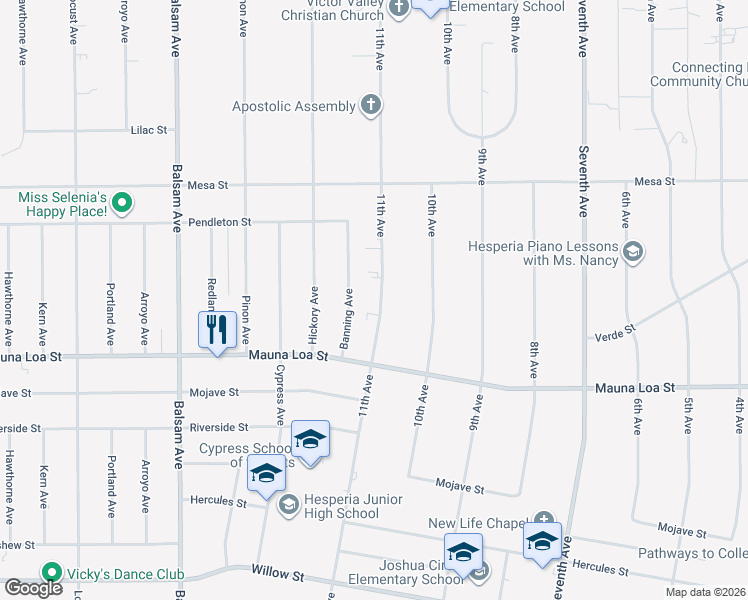 map of restaurants, bars, coffee shops, grocery stores, and more near 10674 11th Avenue in Hesperia