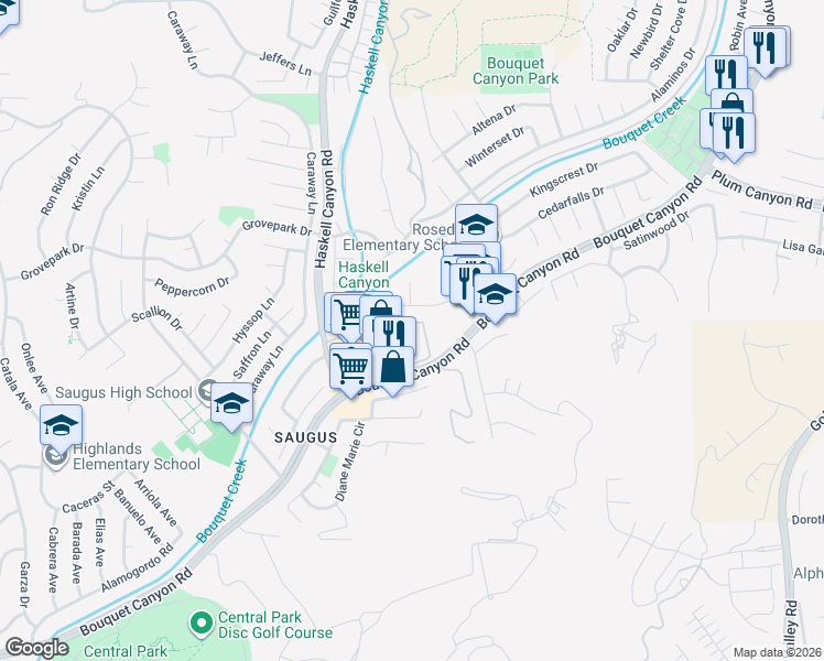 map of restaurants, bars, coffee shops, grocery stores, and more near 27646 Susan Beth Way in Santa Clarita