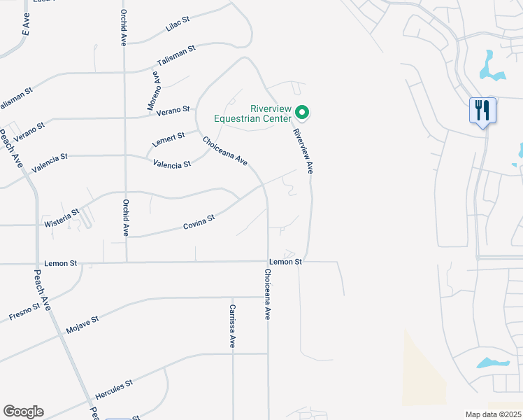 map of restaurants, bars, coffee shops, grocery stores, and more near 10656 Choiceana Avenue in Hesperia
