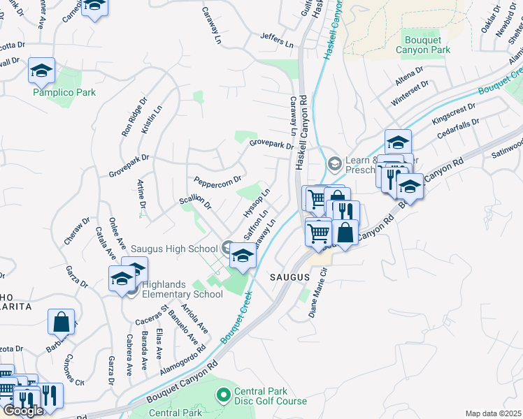 map of restaurants, bars, coffee shops, grocery stores, and more near 27639 Saffron Lane in Santa Clarita
