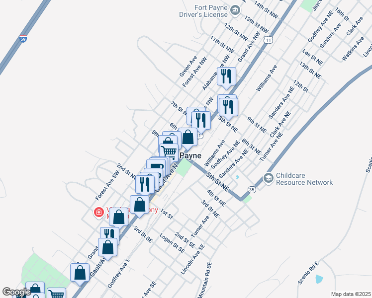 map of restaurants, bars, coffee shops, grocery stores, and more near 510 Gault Avenue North in Fort Payne