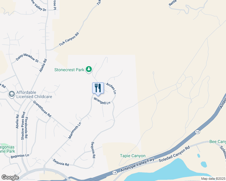 map of restaurants, bars, coffee shops, grocery stores, and more near 14238 Arches Lane in Santa Clarita