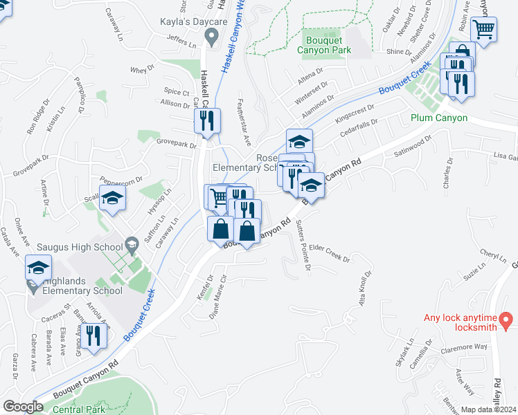 map of restaurants, bars, coffee shops, grocery stores, and more near 27618 Susan Beth Way in Santa Clarita