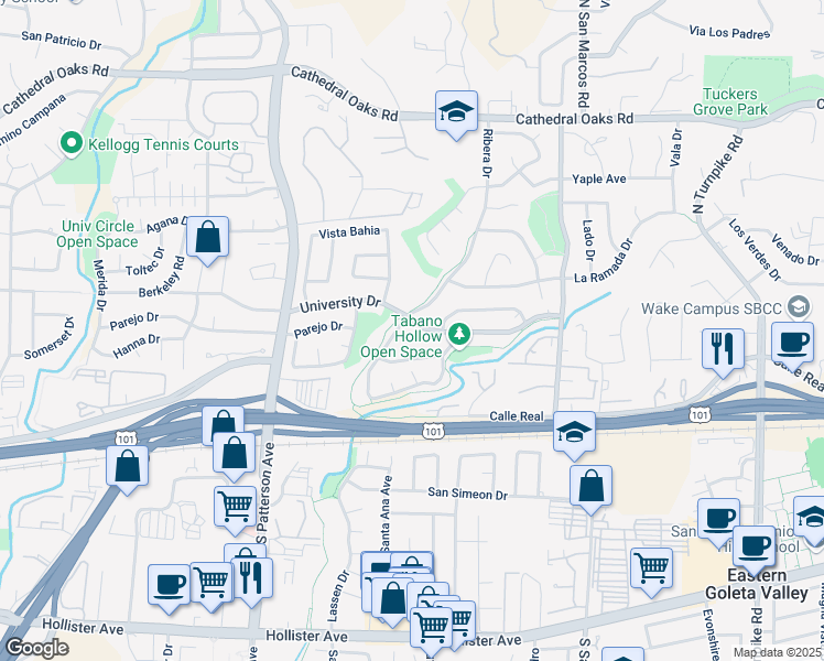 map of restaurants, bars, coffee shops, grocery stores, and more near 354 Ribera Drive in Santa Barbara