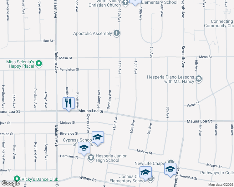 map of restaurants, bars, coffee shops, grocery stores, and more near 10674 11th Avenue in Hesperia