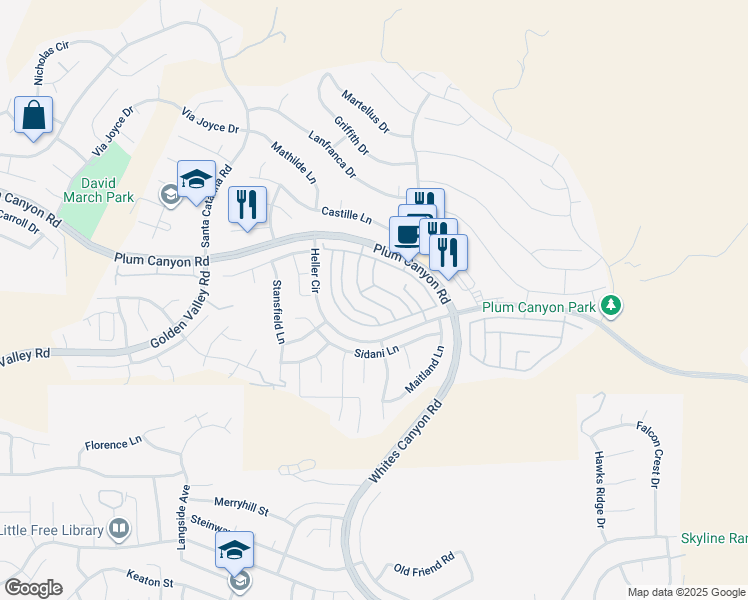 map of restaurants, bars, coffee shops, grocery stores, and more near 28386 Mirabelle Lane in Santa Clarita