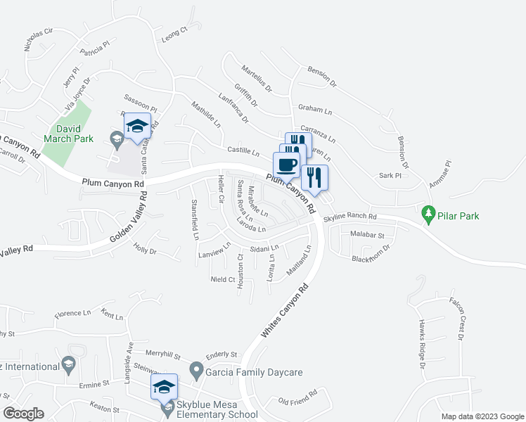 map of restaurants, bars, coffee shops, grocery stores, and more near 28394 Mirabelle Lane in Santa Clarita