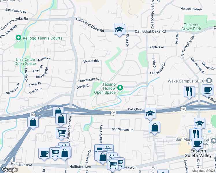 map of restaurants, bars, coffee shops, grocery stores, and more near 354 Ribera Drive in Santa Barbara