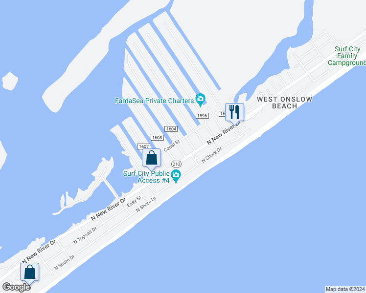 map of restaurants, bars, coffee shops, grocery stores, and more near 4010 4th Street in Surf City