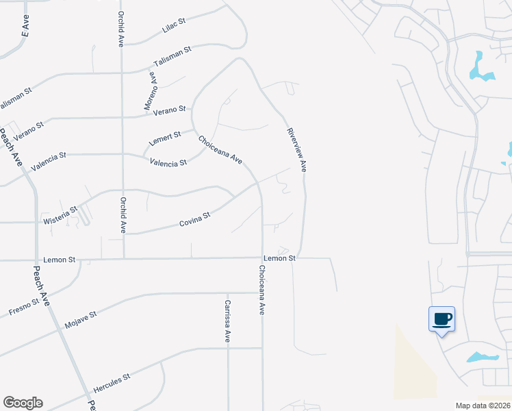 map of restaurants, bars, coffee shops, grocery stores, and more near 10656 Choiceana Avenue in Hesperia