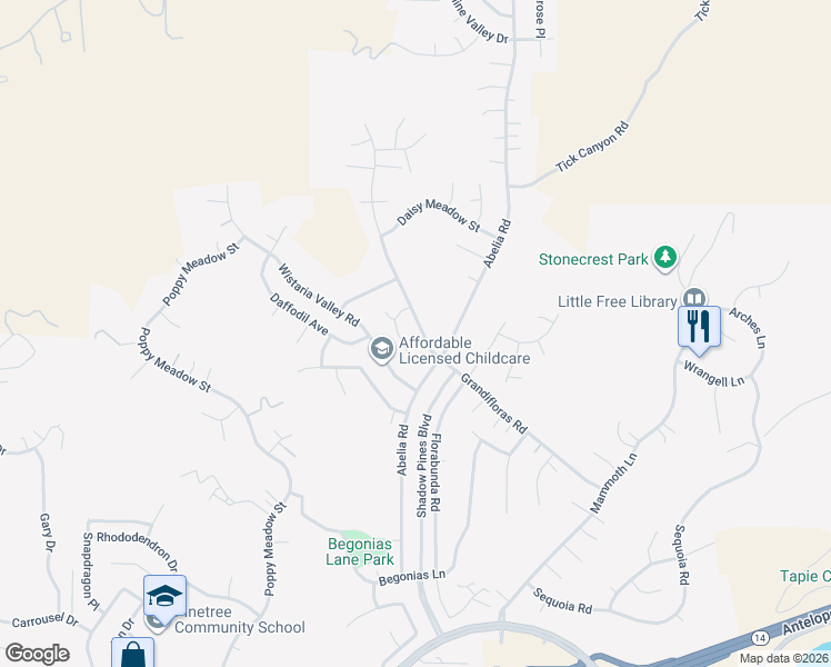 map of restaurants, bars, coffee shops, grocery stores, and more near 14852 Garden of Mums Place in Santa Clarita