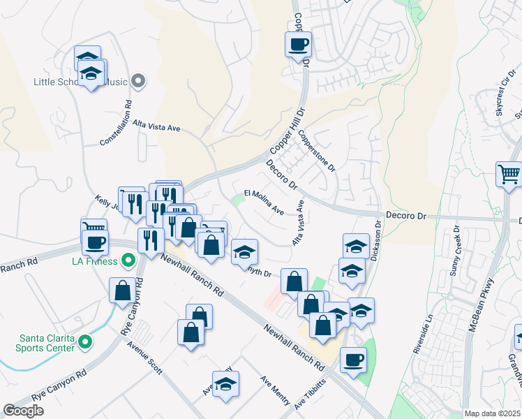 map of restaurants, bars, coffee shops, grocery stores, and more near 24365 Las Palmas Street in Santa Clarita