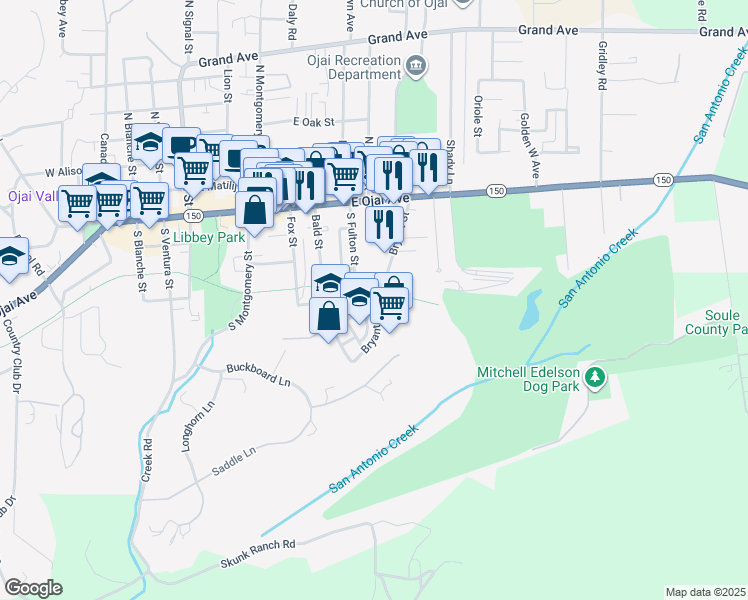 map of restaurants, bars, coffee shops, grocery stores, and more near 403 Bryant Street in Ojai