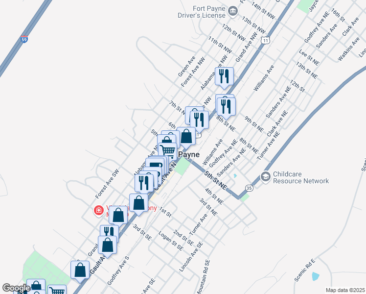map of restaurants, bars, coffee shops, grocery stores, and more near 510 Gault Avenue North in Fort Payne