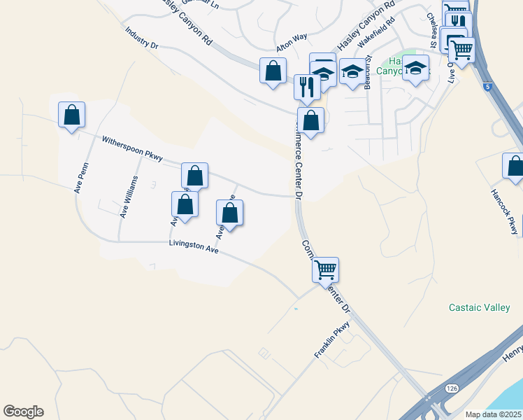map of restaurants, bars, coffee shops, grocery stores, and more near 28104 Witherspoon Parkway in Los Angeles