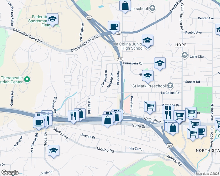 map of restaurants, bars, coffee shops, grocery stores, and more near 340 Rosario Drive in Santa Barbara