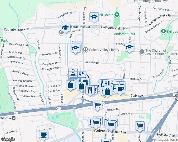 map of restaurants, bars, coffee shops, grocery stores, and more near 251 Moreton Bay Lane in Goleta