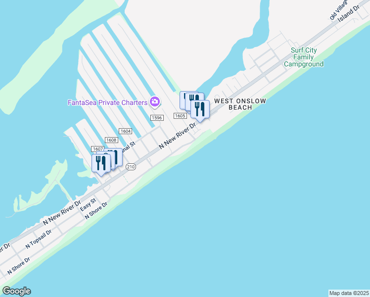 map of restaurants, bars, coffee shops, grocery stores, and more near 2012 North Shore Drive in Surf City