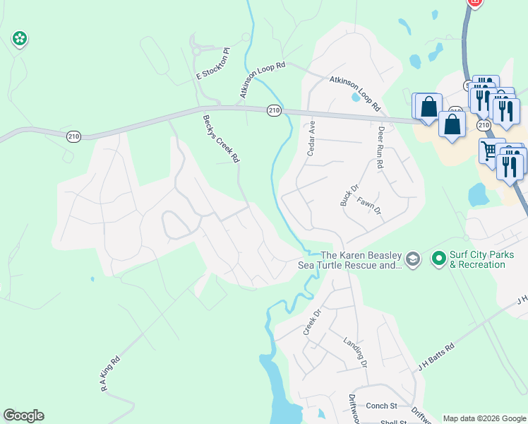 map of restaurants, bars, coffee shops, grocery stores, and more near 469 Beckys Creek Road in Hampstead