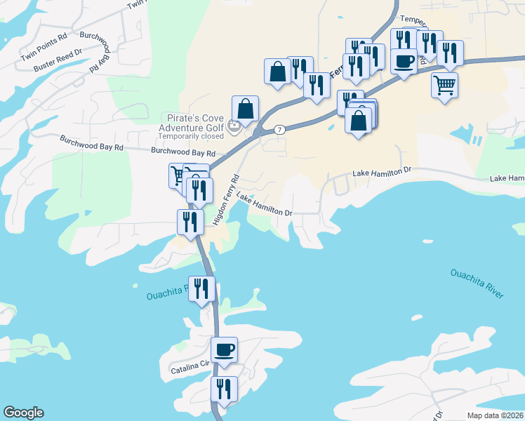map of restaurants, bars, coffee shops, grocery stores, and more near 160 Lake Hamilton Drive in Hot Springs
