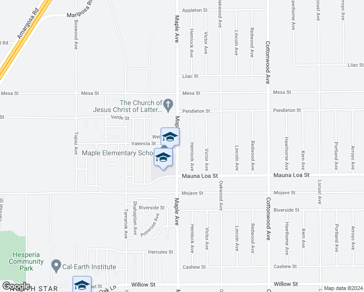 map of restaurants, bars, coffee shops, grocery stores, and more near 10687 Maple Avenue in Hesperia