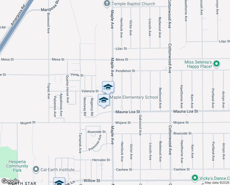 map of restaurants, bars, coffee shops, grocery stores, and more near 10687 Maple Avenue in Hesperia