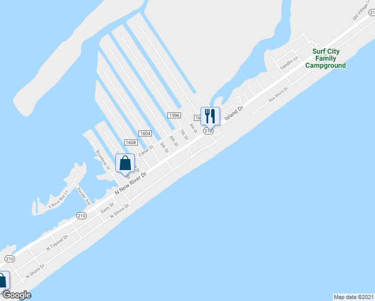 map of restaurants, bars, coffee shops, grocery stores, and more near 1922 North New River Drive in Surf City