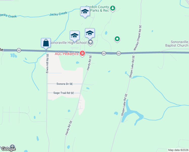 map of restaurants, bars, coffee shops, grocery stores, and more near 198 Bud Hardy Road Southeast in Calhoun