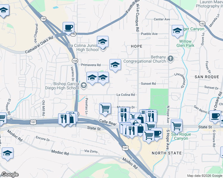 map of restaurants, bars, coffee shops, grocery stores, and more near 3902 Via Diego in Santa Barbara