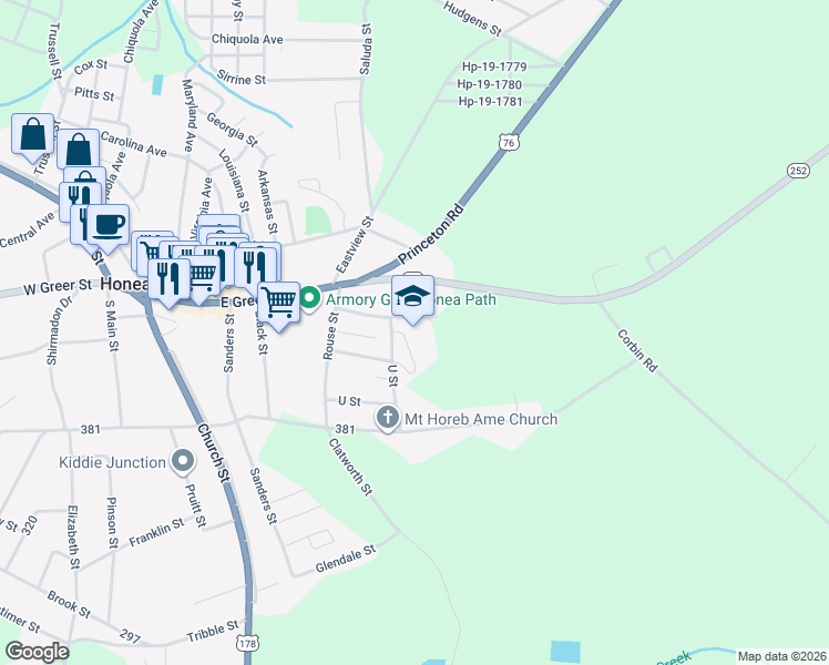 map of restaurants, bars, coffee shops, grocery stores, and more near 806 East Greer Street in Honea Path