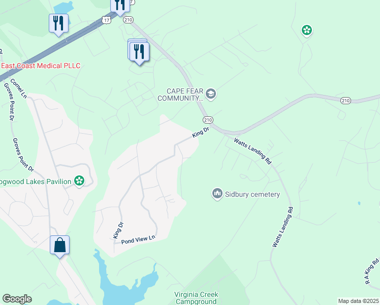 map of restaurants, bars, coffee shops, grocery stores, and more near 105 Jay Court in Hampstead