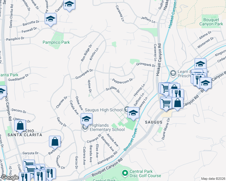 map of restaurants, bars, coffee shops, grocery stores, and more near 21983 Centurion Way in Santa Clarita
