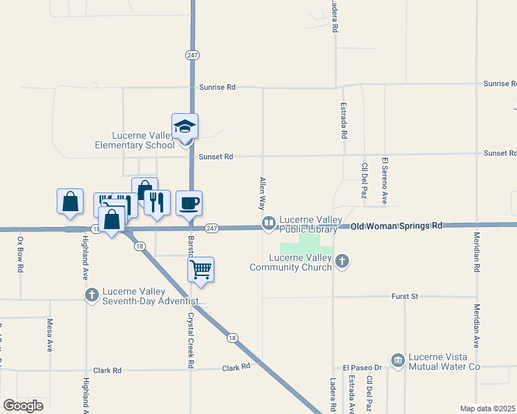 map of restaurants, bars, coffee shops, grocery stores, and more near 10550 Allen Way in Lucerne Valley