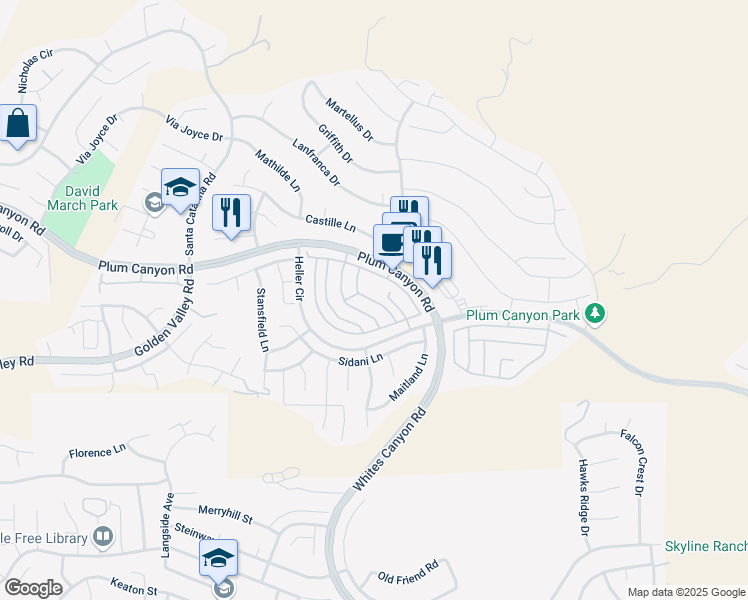 map of restaurants, bars, coffee shops, grocery stores, and more near 28386 Mirabelle Lane in Santa Clarita