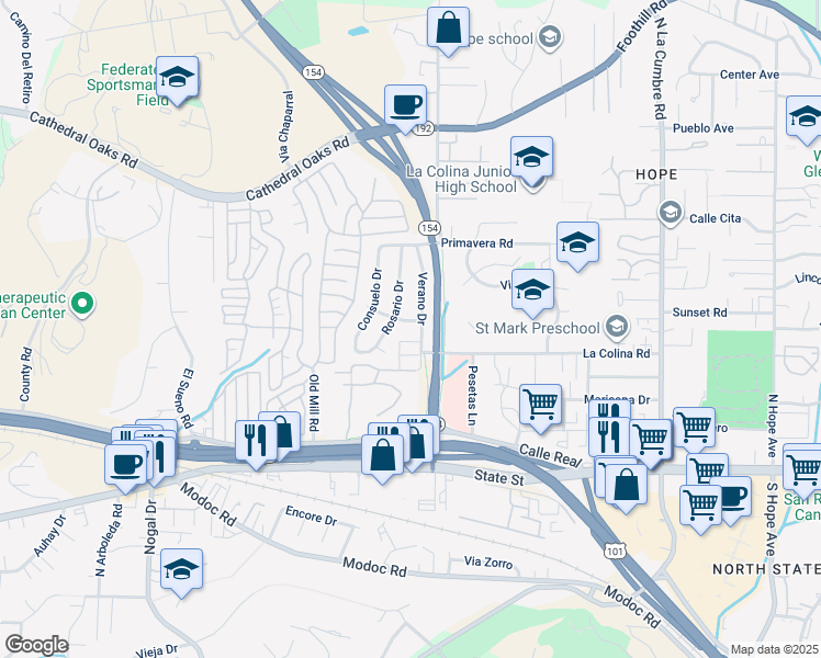 map of restaurants, bars, coffee shops, grocery stores, and more near 340 Rosario Drive in Santa Barbara