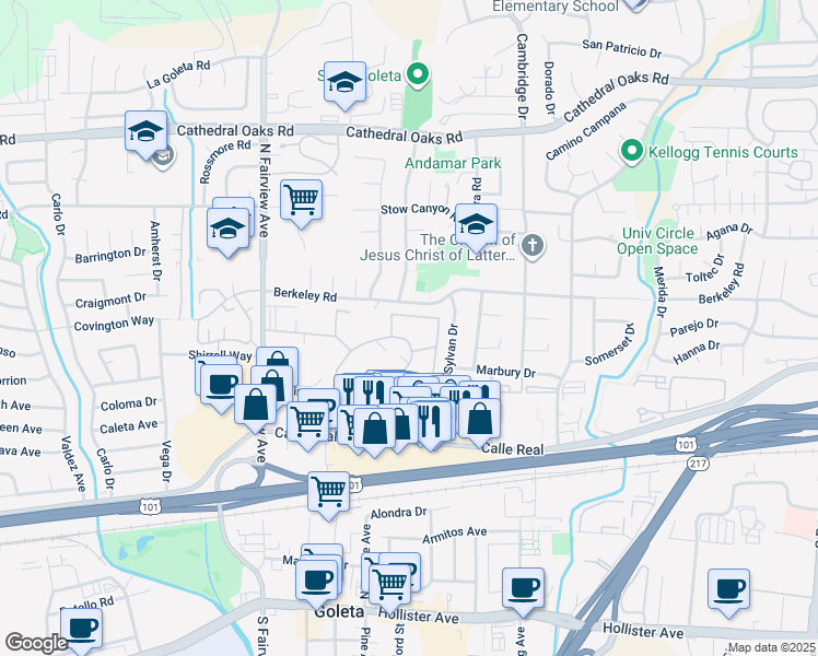 map of restaurants, bars, coffee shops, grocery stores, and more near 333 Moreton Bay Lane in Goleta