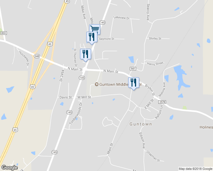 map of restaurants, bars, coffee shops, grocery stores, and more near in Guntown