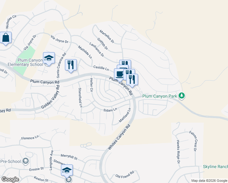 map of restaurants, bars, coffee shops, grocery stores, and more near 28385 Casselman Lane in Los Angeles County