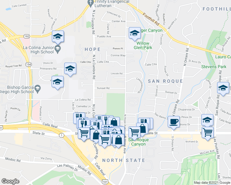 map of restaurants, bars, coffee shops, grocery stores, and more near 3827 Sunset Road in Santa Barbara