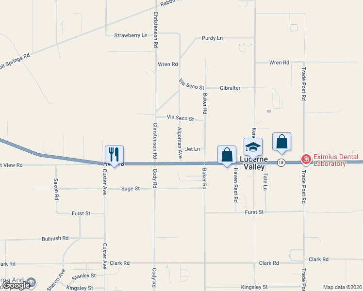 map of restaurants, bars, coffee shops, grocery stores, and more near 31606 Jet Lane in Lucerne Valley