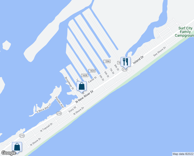 map of restaurants, bars, coffee shops, grocery stores, and more near 4014 4th Street in Surf City